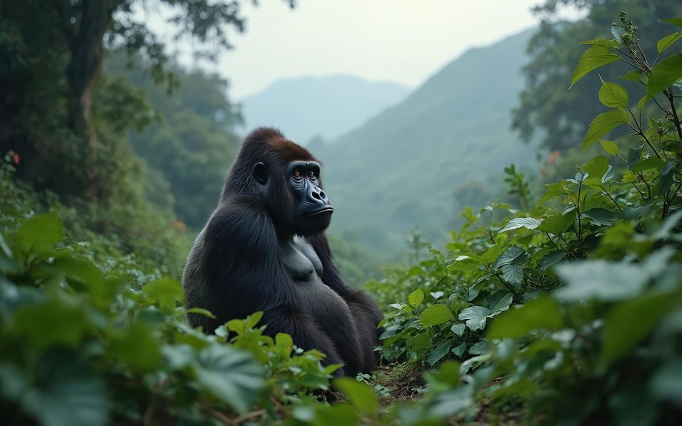 Ein Berggorilla ruht im Bwindi Impenetrable Forest.